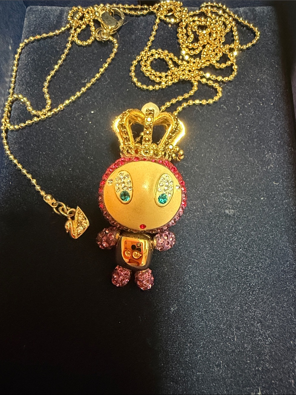 Swavorski long necklace Gold-Tone Pink Crown Pendant Pink Purple 18” W/ Box